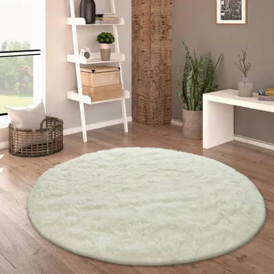 Produktbild von Hochflor Teppich Wohnzimmer Fellteppich Kunstfell Shaggy Flauschig Einfarbig Grösse 80 cm Rund