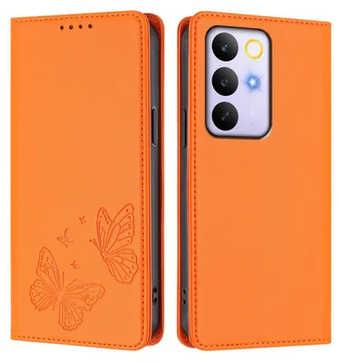 Image de Étui en cuir pour Realme C85 5G, étui de protection type portefeuille en cuir gaufré « papillon » avec support, couleur orange