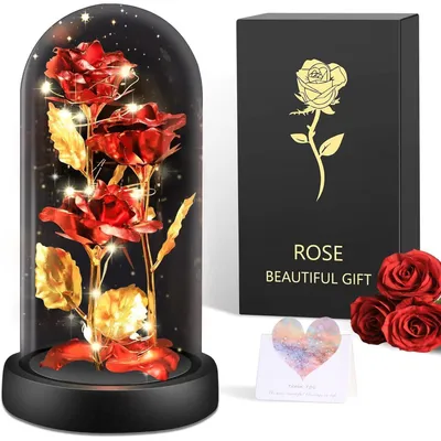 Productafbeelding van Eeuwige roos in een glazen vaas met LED-verlichting, rode galaxiebloem, decoratie voor bureaus en eettafels, 3 roodgouden rozen