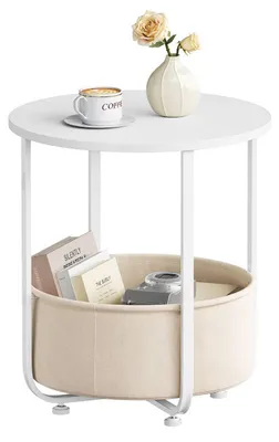 Produktbild von WOLTU Couchtisch rund, Kleiner Beistelltisch, mit abnehmbarem Stoffkorb, Metallrahmen : Weiß+Beige Farbe: Weiß+Beige