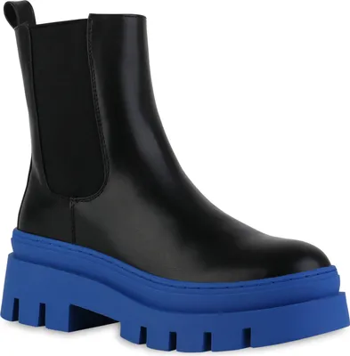 Produktbild von VAN HILL Damen Plateau Boots Stiefeletten Blockabsatz Stiefel Profil-Sohle Schuhe 839451, Farbe: Schwarz Blau, Größe: 38