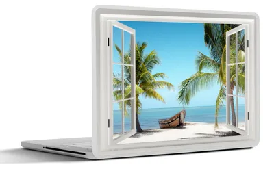 Produktbild von MuchoWow® Laptop Aufkleber Sticker Cover Aussicht - Strand - Palme - Boot - Tropisch - Meer - Blau 30x22 cm - Laptop-Sticker