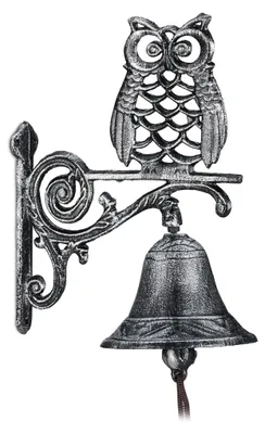 Image de Relaxdays : cloche de porte en fonte, motif chouette, style antique, avec cordon, résistante aux intempéries, cloche murale pour porte d'entrée, décoration de jardin, couleur argent