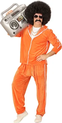 A man in an orange tracksuit and afro wig holding a boombox.