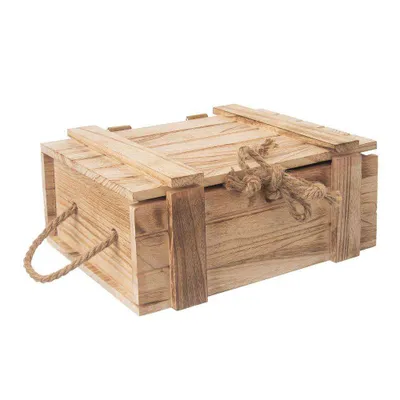 A wooden storage box with a lid and rope handles, shown against a white background.