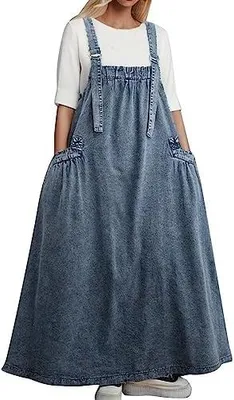 Produktbild von Damen-Latzrock aus Jeansstoff mit Taschen, weit geschnittenes, elegantes Jeanskleid in A-Linie, knielang oder lang als Maxikleid, mit Trägern und Latzdesign