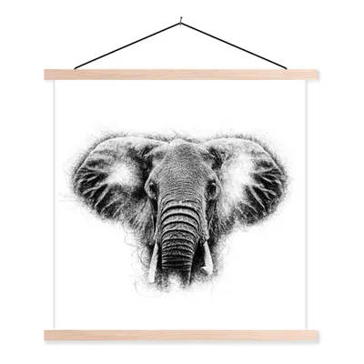 Produktbild von MuchoWow® Textilposter Elefant - Tiere - Schwarz - Weiß 120x120 cm mit holzfarbenen Rahmen - Textil-Poster