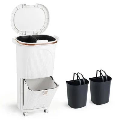 Zdjęcie produktu dla COSTWAY Kosz na śmieci do kuchni, system segregacji odpadów, 2 x 12 l pojemniki wewnętrzne i 14 l kosz na pedał, kosz na śmieci z kółkami, pokrywą, pedałem i haczykiem, pojemnik na śmieci, biały