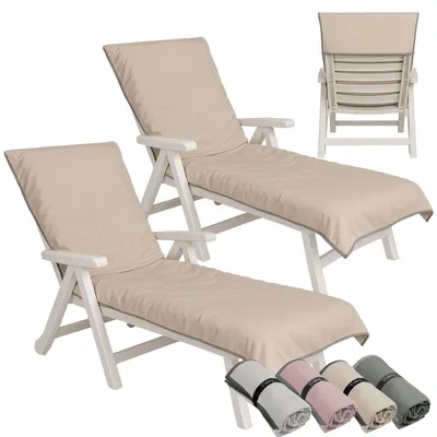 Produktbild von CalmySEA 2x Handtuch für Sonnenliege 200x75cm - mit Kapuze Microfaser Light Weight Schonbezug für Gartenliege Handtücher mit Umschlag Liegestuhl Bezug Strandliege Beige