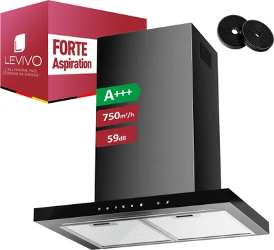 Image de LEVIVO A+++ Hotte aspirante 60cm à recyclage d'air & évacuation d'air avec 750 m³/h de débit d'air, hotte aspirante avec 2 filtres à charbon actif, 2 filtres à graisse, 3 niveaux & booster