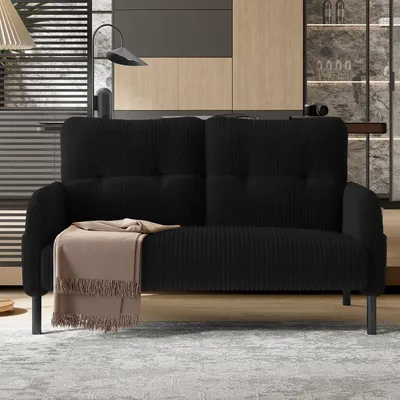 Obrázek produktu pro okwish Moderní Dvoumístné Relaxační křeslo s ergonomickým opěradlem a područkami, čalouněný nábytek z manšestru, s kovovými nohami a postranními kapsami, černá
