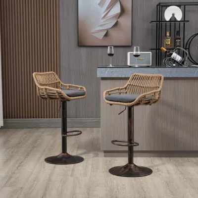 Immagine prodotto di Sgabello da bar AIORBER, set di 2, con altezza e poggiapiedi regolabili, robusta struttura in metallo, funzione girevole a 360°, per cucina, sala da pranzo, 49x48x89cm, beige