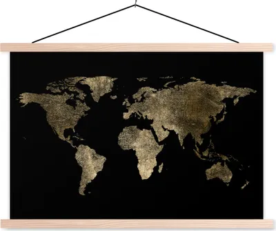 Produktbild von MuchoWow® Textilposter Weltkarte - Gold - Schwarz - Erde - Luxus 120x80 cm mit holzfarbenen Rahmen - Aufhängeset