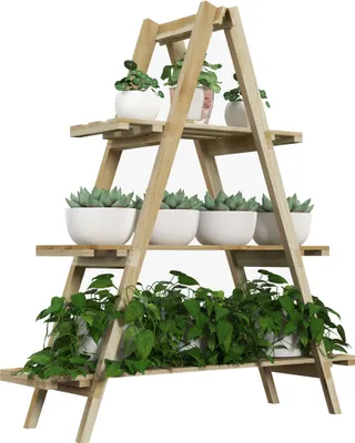 A wooden plant stand with multiple tiers holding various potted plants.