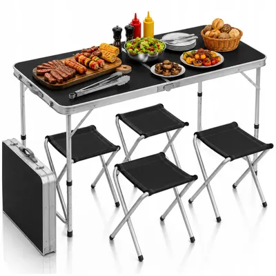 Immagine prodotto di OMNA | Set da tavolo da campeggio - 120x60 cm - Nero - 5-in-1 - Pieghevole e regolabile in altezza