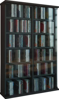 Obrázok produktu pre Drevený stojan na CD DVD policová skriňa Rómovia sklenené dvere