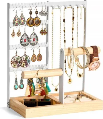 Produktbild von Schmuckhalter - Ohrringorganizer - Aufbewahrungsraum - Standard - Schmuckorganizer - 4-schichtiger Ohrringorganizer - Armband mit 52 Löchern - Armbandhalter mit Holzbasisfach - für die Ausstellung von Halsketten und die Aufbewahrung von Schmuck - 22,5x12x28cm