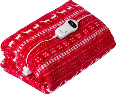 A folded red electric blanket with a white reindeer and snowflake pattern, featuring a white controller with a digital display.