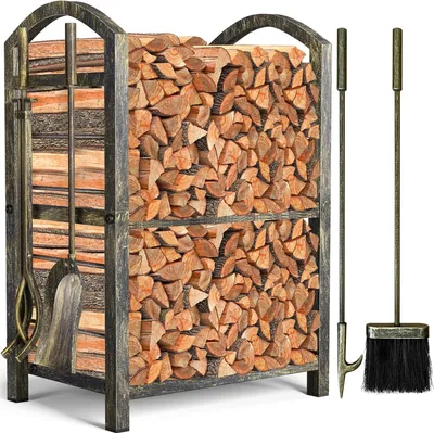 Productafbeelding van Famanu houten rek met 4 gereedschappen voor de open haard - 74 x 40 x 30 cm
