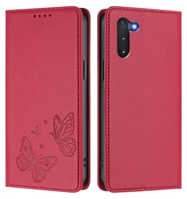 Produktbild von Lederhülle für Samsung Galaxy Note 10, Schmetterling Prägung Leder Brieftasche Schutzhülle mit Ständer Rot