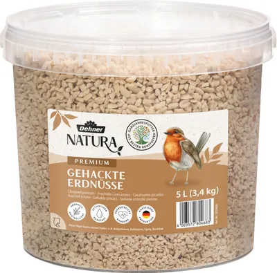 Produktbild von Dehner Natura Premium Wildvogelfutter, gehackte Erdnüsse schalenfrei, Ganzjahresfutter proteinreich / energiereich, hochwertiges Vogelfutter für Wildvögel, 3.4 kg