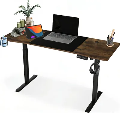 Image de Bureau XMTECH à hauteur réglable électriquement 140 x 60 cm | 3 positions mémorisables, protection anti-collision | Crochets et porte-boissons inclus | Marron