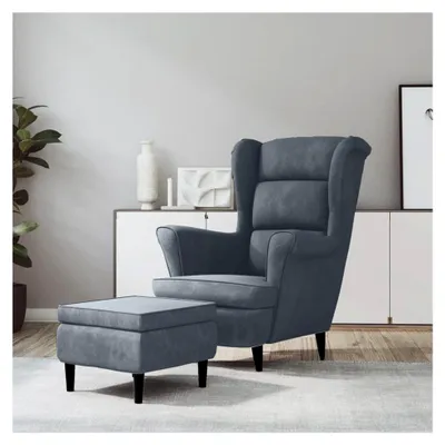 Produktbild von Ohrensessel mit Hocker, Relaxsessel mit gepolstertem Sitz und Armlehnen, Fernsehsessel für das Wohnzimmer, Polstersessel in Dunkelgrau aus Samt