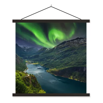 Produktbild von MuchoWow® Textilposter Nordlichter - Berg - Boot - Norwegen 90x90 cm mit schwarzem Rahmen - Magnetisches