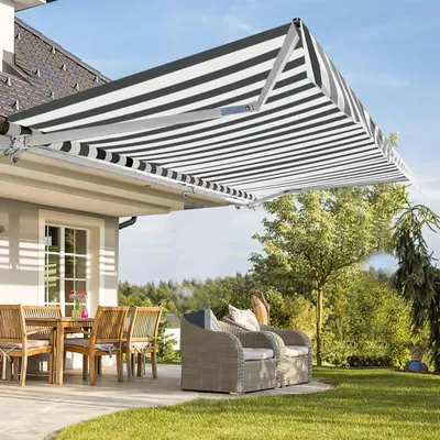 Immagine prodotto di Izrielar 300x250 cm Tenda da sole Tenda da sole a braccio articolato Tenda da sole in alluminio Tenda da sole con manovella Tenda da sole per balcone Protezione solare Grigio Bianco