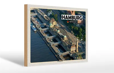 Produktbild von Holzschild Städte Hamburg Blick auf Landungsbrücken 30x20cm