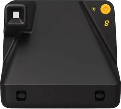 A black Polaroid Now Gen 2 instant camera is shown from the front against a white background.