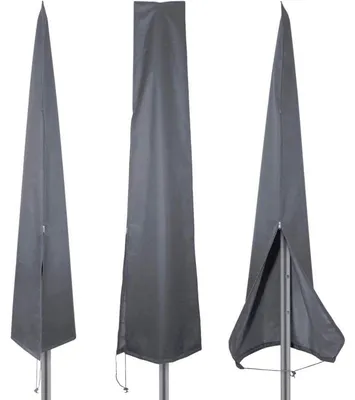 Image de Housse de protection pour parasols de 2 à 3 mètres, modèle auvent, imperméable et résistante au vent, couleur grise, dimensions 190x25/50 cm