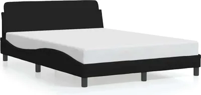 A black bed frame with a white mattress on a white background.
