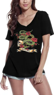 Produktbild von Damen Grafik T-Shirt V-Ausschnitt Schlangentod - gruselige Totenköpfe mit Blumen – Snake Death - Scary Skulls With Flowers – Öko-Verantwortlich