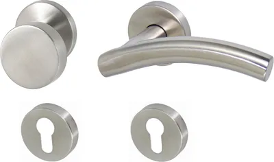 A set of stainless steel door hardware, including a round knob, a lever handle, and two keyhole escutcheons, displayed against a white background.