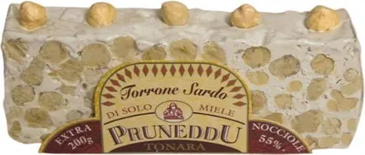 Produktbild von Torrone mit Haselnüssen und Honig, hart, vom Stück geschnitten, 200g, weißer Nougat, Pruneddu Torronificio Artigianale