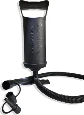 A black hand pump for mattresses or inflatables, shown against a white background.