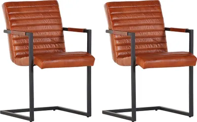Produktbild von Esszimmerstuhl 2er-Set Echtleder Freischwinger TARRAS-123  in cognac, Metallgestell schwarz lackiert, mit Armlehnen, B/H/T: ca. 52/87/64 cm