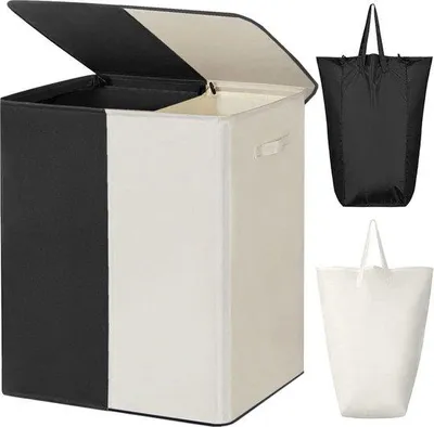 Zdjęcie produktu dla Koszyk na pranie Unyqoos® 154 L, składany pojemnik na pranie z pokrywą – 2 przegródki i 2 wyjmowane worki na pranie, uchwyty, 63×36×68 cm, duży, czarny