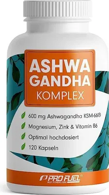 Produktbild von ProFuel Ashwagandha Komplex | 120 Kapseln | 600 mg KSM-66® Ashwagandha | mit Magnesium, Zink & Vitamin B6 | vegan
