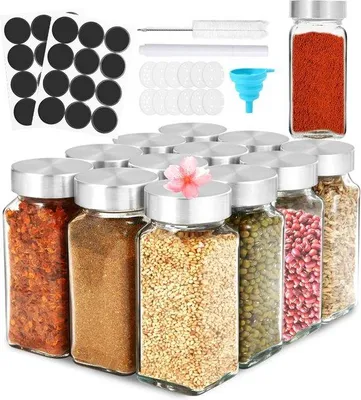 Produktbild von Unyqoos® Gewürzgläser Set 12×120 ml – Glas-Gewürzbehälter mit Edelstahldeckel, luftdicht, inkl. Etiketten, Trichter, Reinigungsbürste, weißer Kreidestift, 12 Streueinsätze