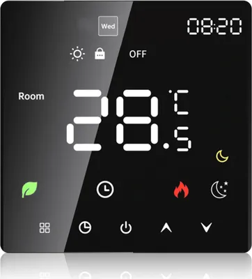 A digital thermostat display showing the current temperature and various icons.