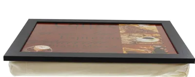 A lap tray with a coffee-themed design, shown from a side angle against a white background.