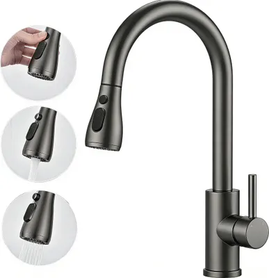 Produktbild von AICA Küchenarmatur Ausziehbarer Auslauf 360° Drehbar 3 Modus Edelstahl Armatur Metallic Grau