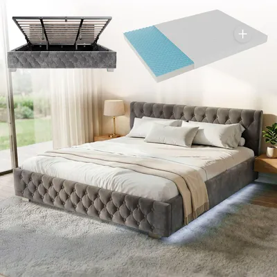 Produktbild von Juskys Polsterbett Nizza 180x200 cm mit Matratze - Bettgestell mit Lattenrost, Stauraum & LED Beleuchtung – Samtbezug, Chesterfield-Steppung - Grau
