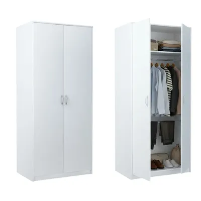 Produktbild von Kleiderschrank mit 2 Türen, 1 Kleiderstange, 1 Einlegeboden, Garderobenschrank 85 cm breit Schrank matte Oberfläche, aus laminierter Platte Weiß