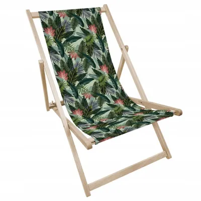 Produktbild von Liegestuhl klappbar aus Holz mit Jungle-Blattmotiv – Klappstuhl Klappliege Sonnenstuhl Strandstuhl Gartenliege