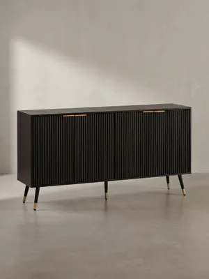 Produktbild von Sideboard 150x81x39 cm Anrichte Schwarz mit Eiche-Nachbildung, Kommode mit Türen, Kommodenschrank Flurschrank Modern, Standschrank Wohnzimmer Metallbeine
