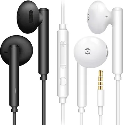 Zdjęcie produktu dla Słuchawki douszne z regulacją głośności i mikrofonem – 2 sztuki w kolorze czarnym i białym do smartfonów, laptopów i odtwarzaczy MP3
