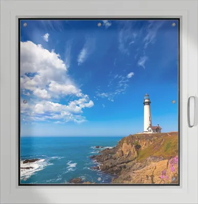 Produktbild von Wallario Lichtschutzbild, Dekorativer Sichtschutz Sonnenschutz 96 x 93 cm mit Motiv: Leuchtturm auf einem Felsvorsprung - Blauer Himmel - Verdunklung ohne Bohren